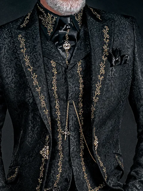 Waistcoat with lapel in black brocade with black and gold embroidery
