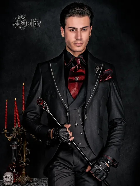 Modern steampunk style groom suit in black pinstripe with rhinestones on the lapel