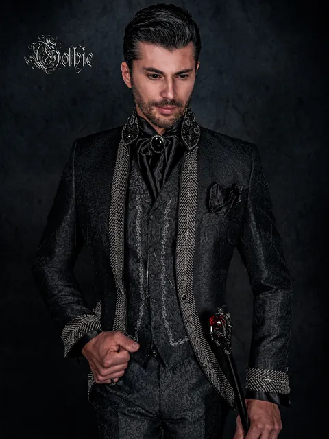 Gothic wedding suit in black brocade with silver crystals