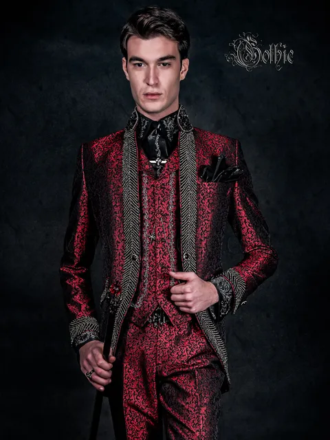 Gothic style groom suit in red brocade with black and silver crystals