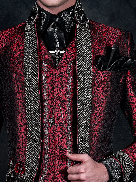 Waistcoat with lapel in red brocade with black and silver embroidery