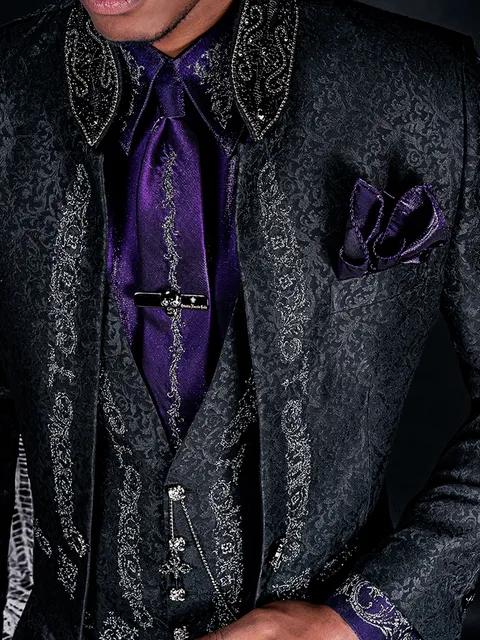 Black damask waistcoat with black and silver embroidered Greek key