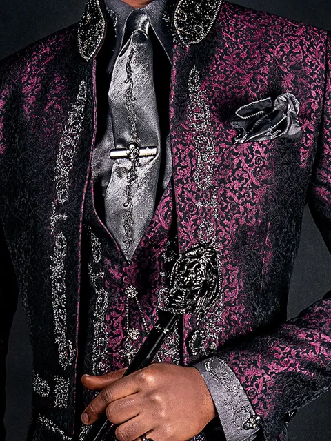 Plum damask waistcoat with black and silver embroidered Greek key