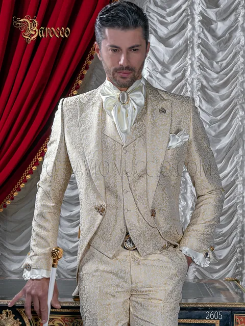 Men's baroque groom suit in beige and gold damask with rhinestones on the lapel