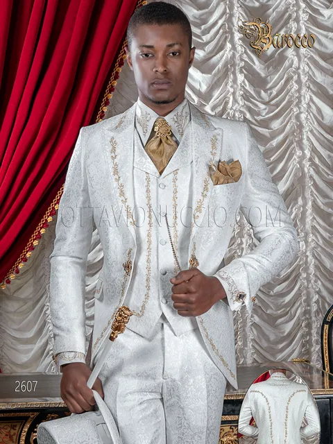 Men's luxury embroidered groom suit in white brocade with gold embroidery