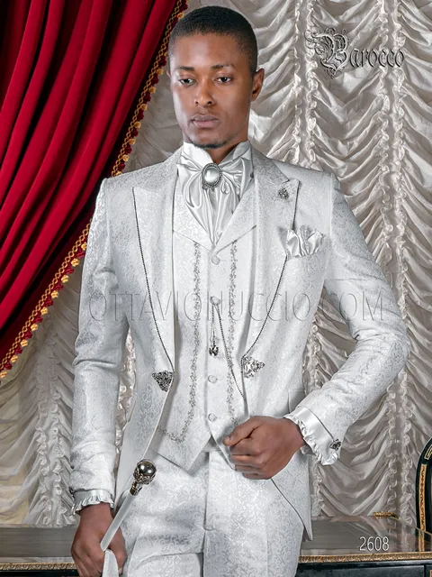 Groom suit with top hat and cane, baroque pearl grey damask