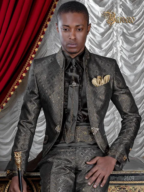 Baroque style grey wedding groom suit with gold embroidery
