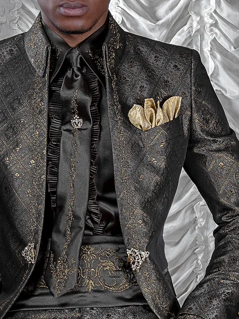 Shirt and accessories in brown microfibre satin with black-gold dragon embroidery
