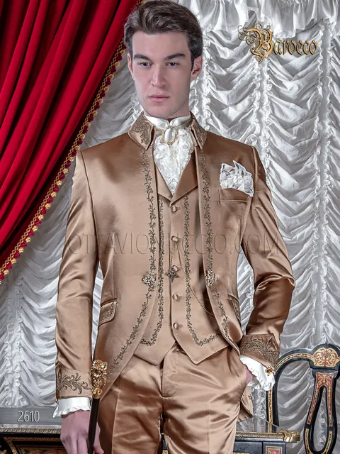 Gold satin groom suit embroidered gold, baroque style wedding