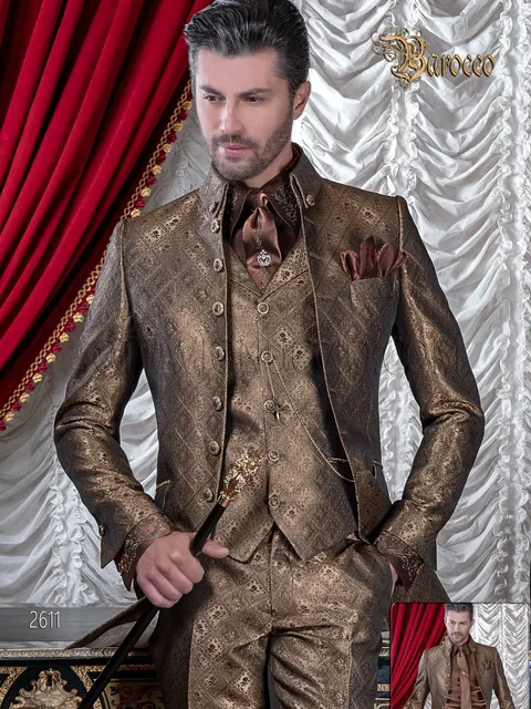 Men's luxury frock coat groom suit in baroque style, grey and gold