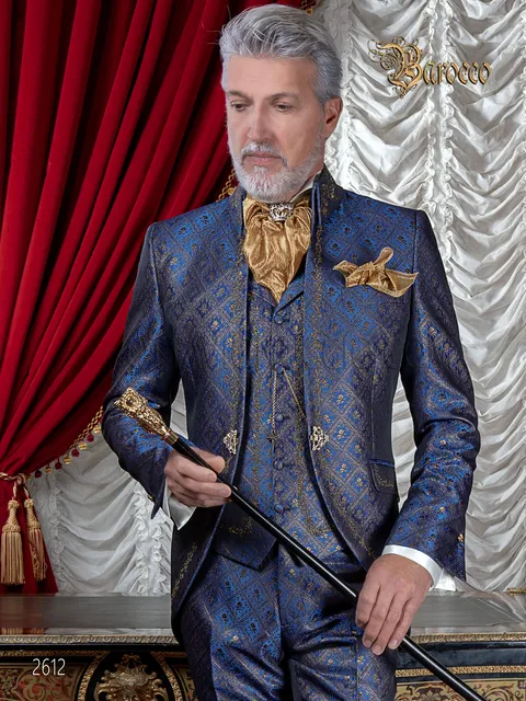 Embroidered blue groom suit, baroque style brocade with gold embroidery