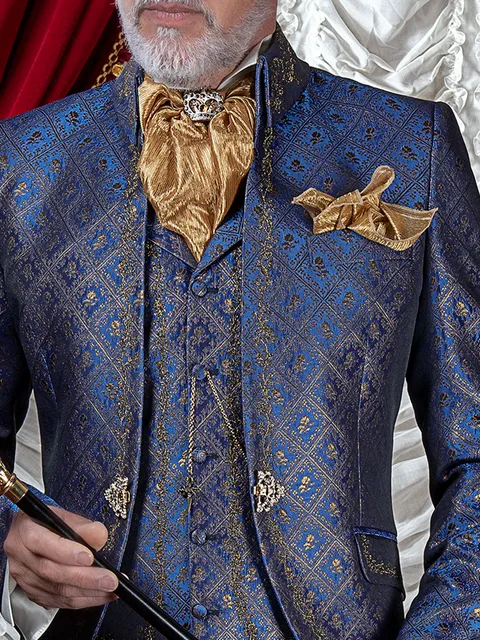 Waistcoat in blue and gold brocade with gold embroidery