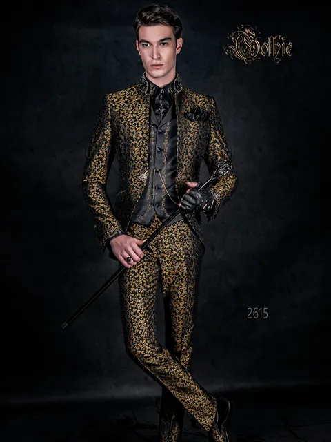 Men's gothic style mandarin collar formal suit in black and gold brocade