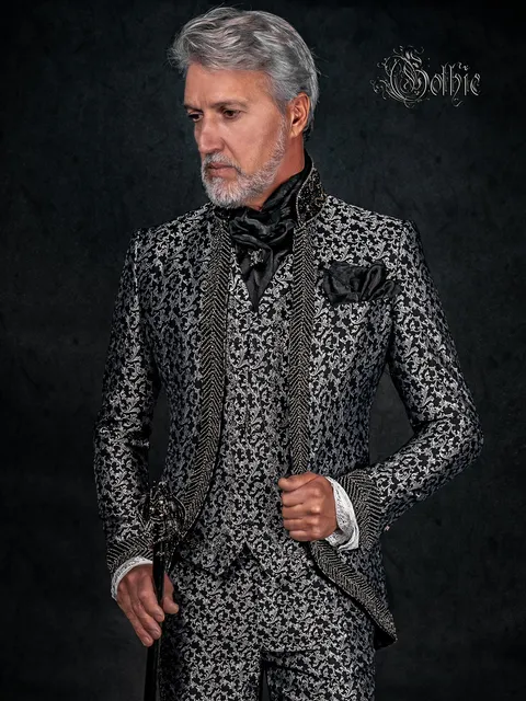 Abito uomo broccato nero argento con cristalli, moda sposo gotica