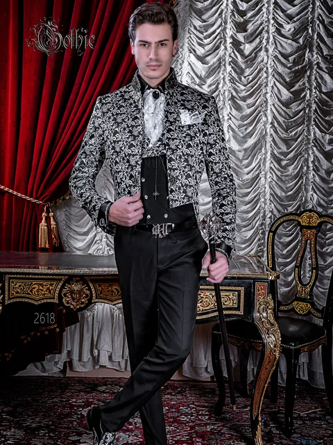 Men's gothic mandarin collar tailcoat in black and silver brocade, steampunk wedding