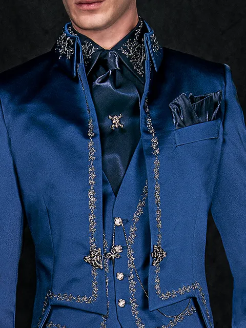 Waistcoat in blue satin with silver gothic embroidery and 4 patterned buttons