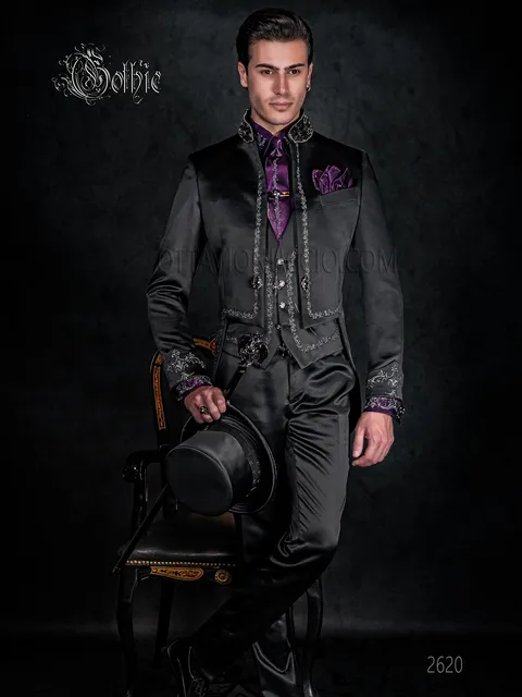 Men's gothic mandarin collar groom tailcoat in black satin with silver embroidery