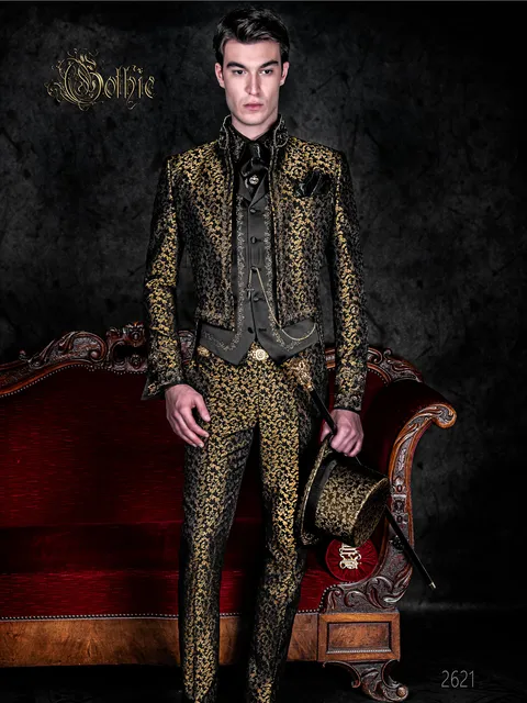 Gothic groom tailcoat in black and gold brocade fabric with gold embroidery