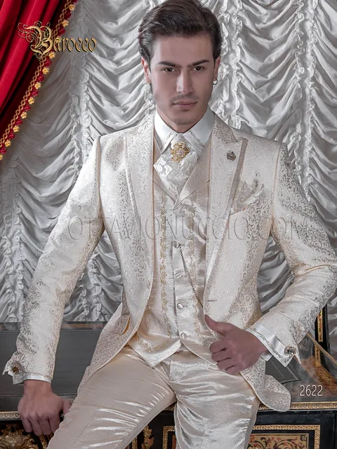 Men's beige baroque style damask wedding suit