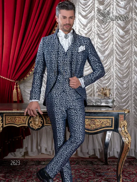 Blue damask groom suit in baroque style with silver embroidery
