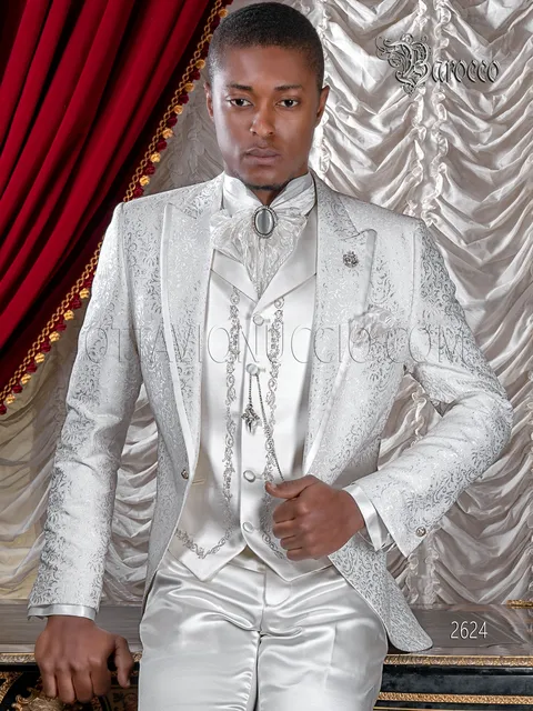 Men's white damask baroque wedding groom suit