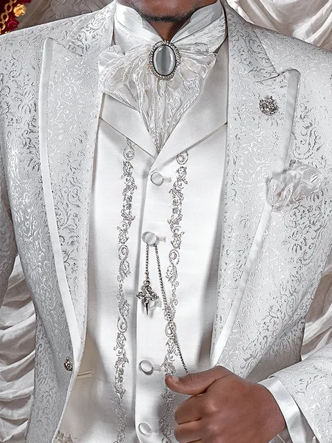 Waistcoat in natural white satin with silver embroidery