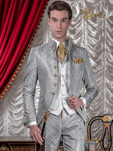 Men's luxury baroque style groom suit, grey and gold damask