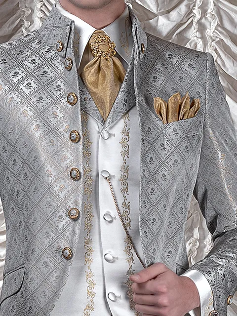 Pearl grey satin waistcoat with gold embroidery
