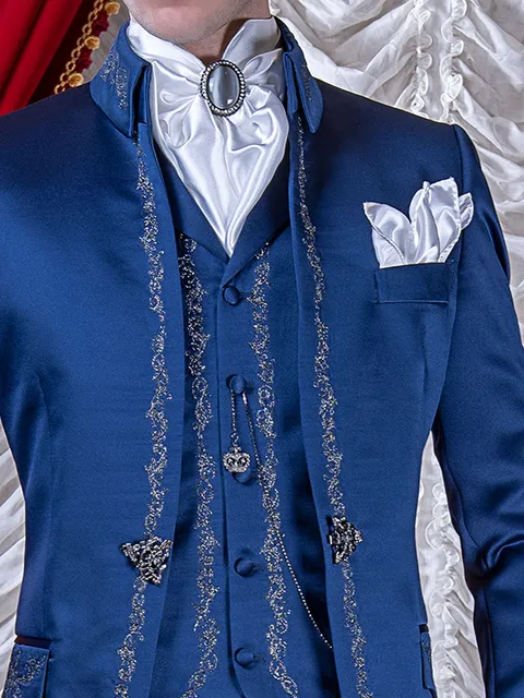 Blue satin waistcoat with black and silver embroidery