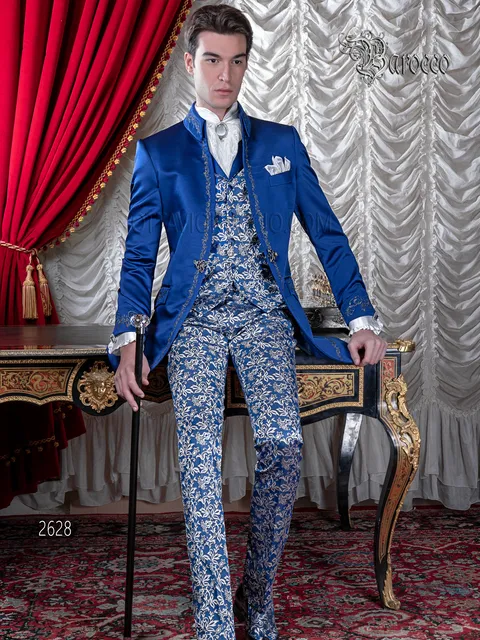 Groom suit with long frock coat jacket, baroque in blue satin with silver embroidery