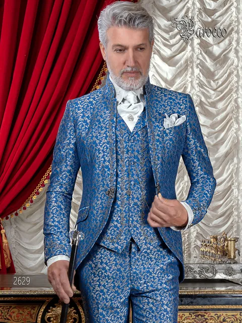 Royal blue mandarin collar groom suit with silver embroidery in baroque style