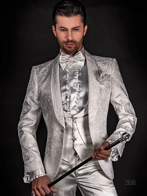 Abito smoking sposo damascato bianco, pantalone e gilet in raso