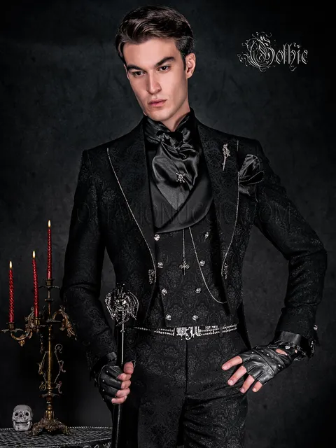 Men's gothic Steampunk tailcoat in black brocade with rhinestone lapel edging