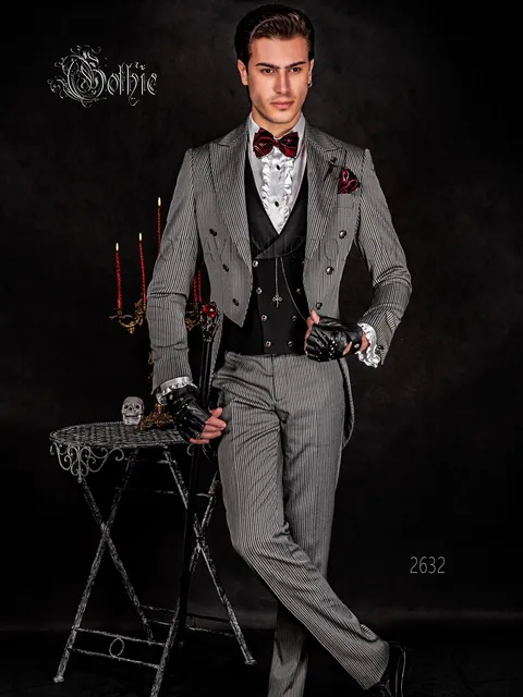 Modern gothic Steampunk tailcoat in black and grey pinstripe with skull buttons
