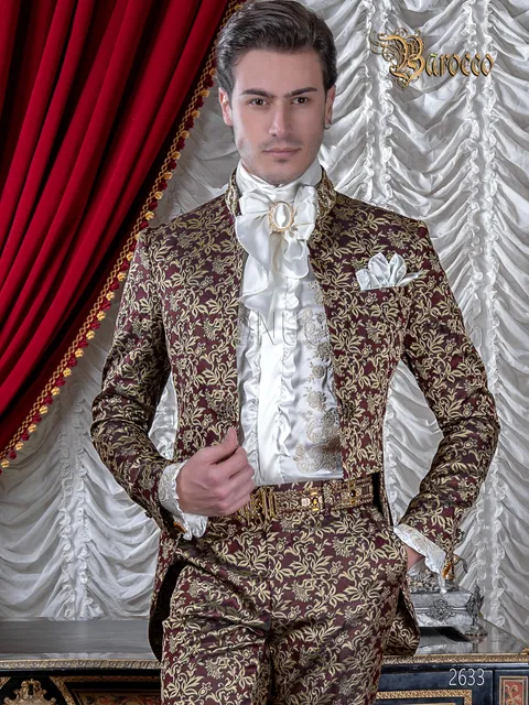 Baroque haute couture groom tailcoat in burgundy and gold brocade, mandarin collar