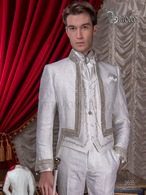 Frac alta moda sposo barocco damascato bianco con strass cristallo