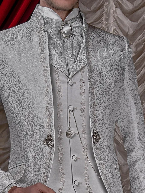 Satin waistcoat with pearl grey contrasts and embroidery
