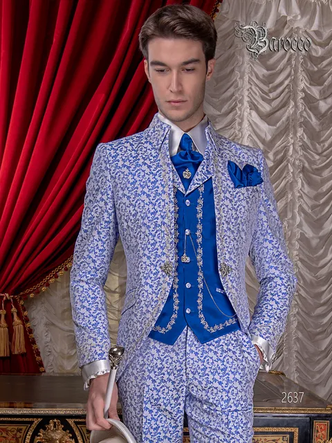 Embroidered baroque style groom suit in white and royal blue damask