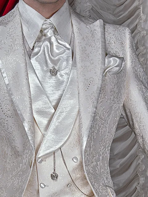 Double-breasted shawl lapel damask waistcoat with crinkle-effect satin lapel