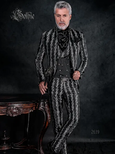 Men's mandarin collar suit in black and silver brocade, gothic groom fashion