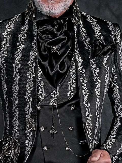 Double-breasted waistcoat in black satin, with shawl lapel in damask fabric