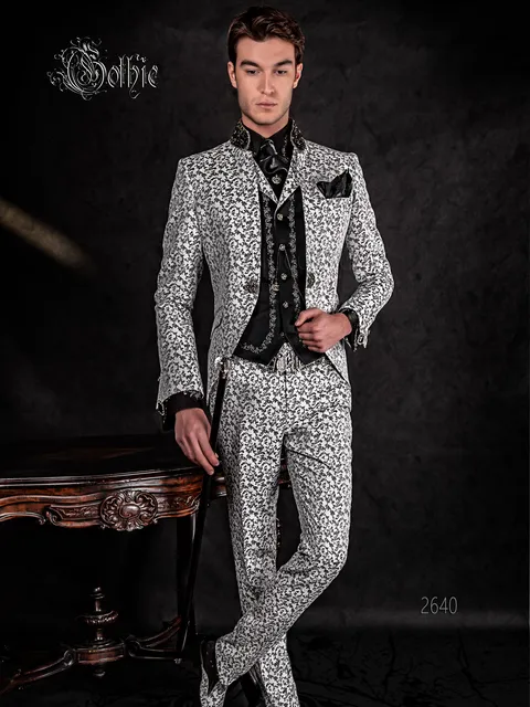 Men's white and black brocade suit with mandarin collar and crystal trimming