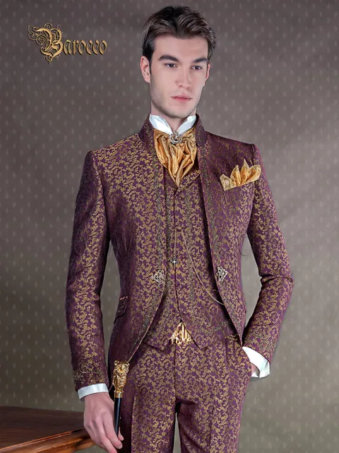 Embroidered baroque mandarin collar groom suit in burgundy and gold brocade