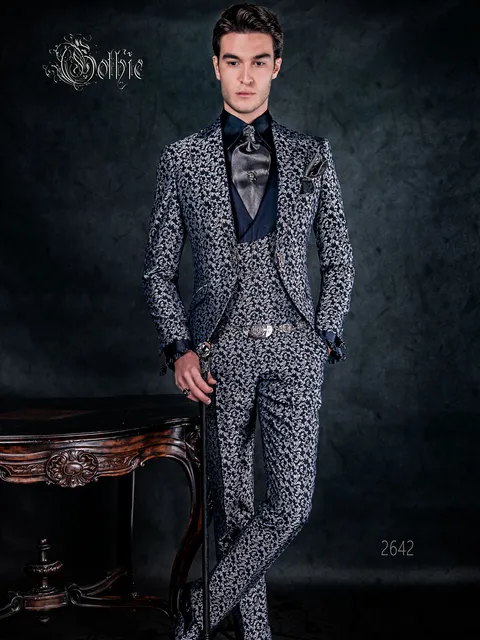 Men's gothic style groom suit in blue and silver brocade with rhinestones on the lapel