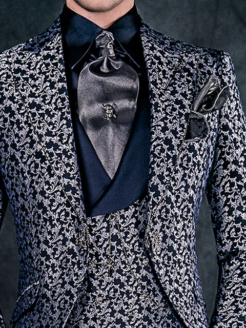 Double-breasted waistcoat in damask fabric, with shawl lapel in blue satin-effect fabric