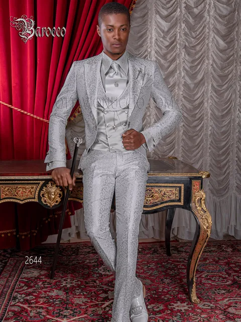 Men's baroque fashion groom suit in pearl grey damask with cane