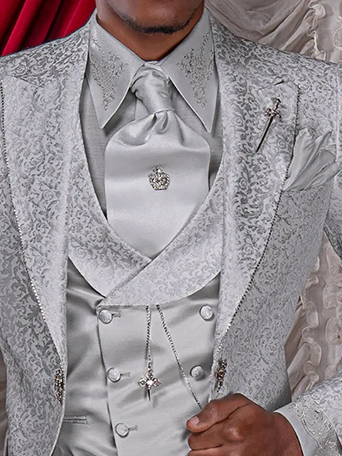 Double-breasted waistcoat in pearl grey satin, with shawl lapel in damask fabric
