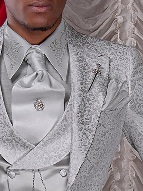 Self-tie cravat and handkerchief in pearl grey lurex