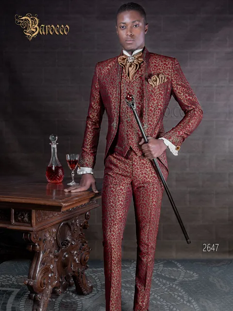 Men's vintage mandarin collar groom suit in red and gold brocade embroidered in black and gold