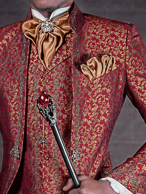 Red and gold damask waistcoat with black-gold embroidery